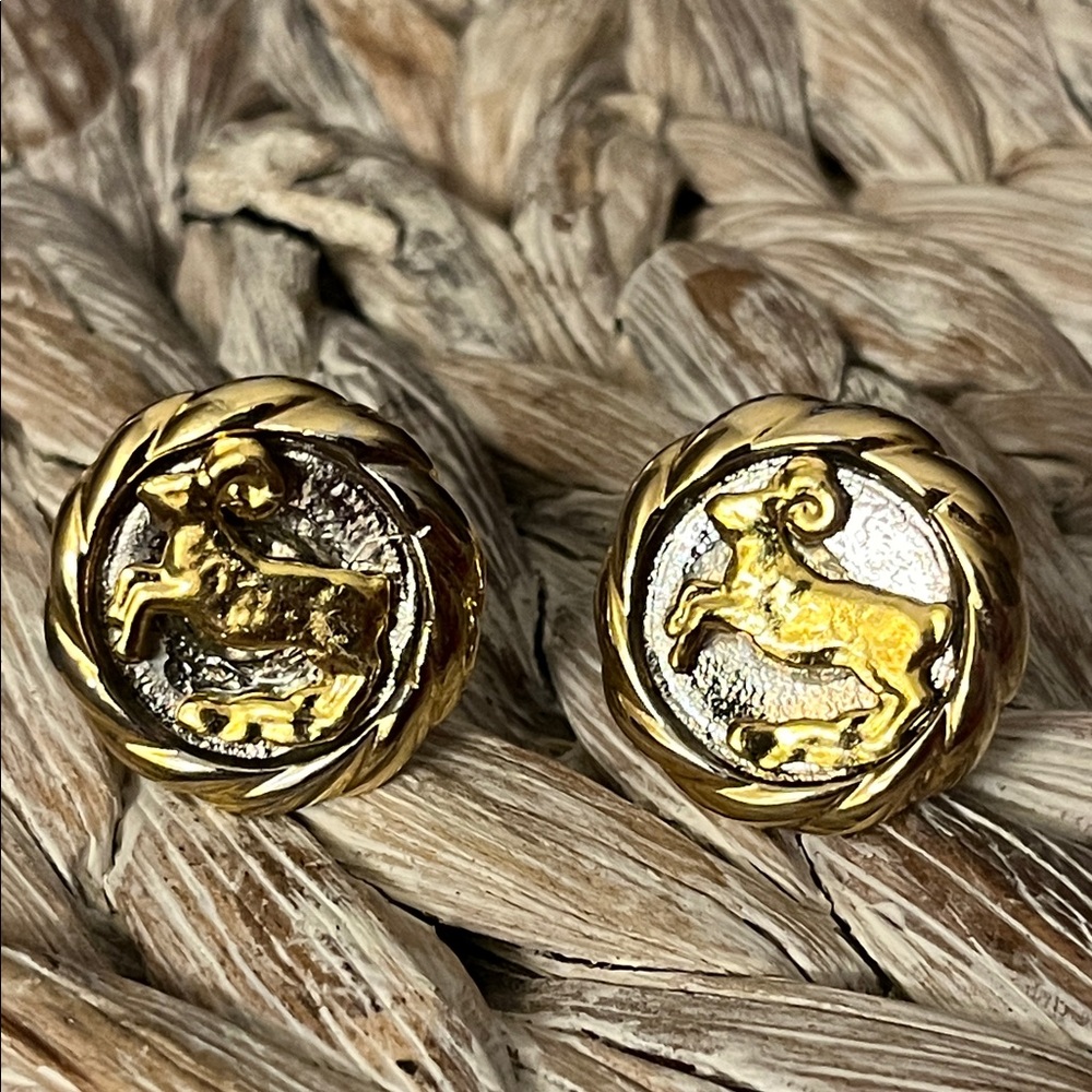 Gold Tone Zodiac Aries Ram Clip Earrings